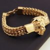 Men's Gold Stainless Steel Franco Chain Lion Head Bracelet