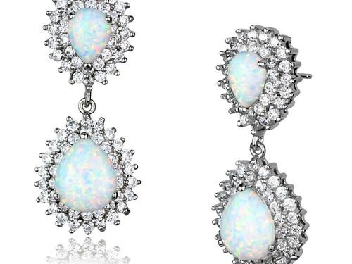 LOS879 - Rhodium 925 Sterling Silver Earrings with Semi-Precious Opal