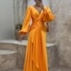 Fitted Waist Pleated Long Sleeve Slimming Dress
