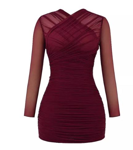 High Waist Pleated Long Sleeve Dress