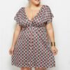 Printed Deep V-Neck Dress with Elastic Waist
