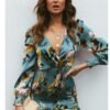 Printed V-Neck Dress with Cross Elastic Waist