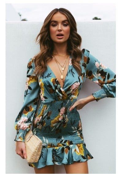 Printed V-Neck Dress with Cross Elastic Waist