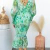 Elastic Waist Long Sleeve V-neck Printed Flounced Skirt Dress