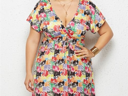 Printed Deep V-Neck Dress with Elastic Waist