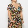 Printed Deep V-Neck Dress with Elastic Waist