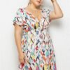 Printed Deep V-Neck Dress with Elastic Waist