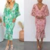 Elastic Waist Long Sleeve V-neck Printed Flounced Skirt Dress