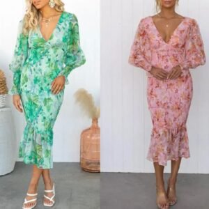 Elastic Waist Long Sleeve V-neck Printed Flounced Skirt Dress