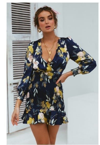 Printed V-Neck Dress with Cross Elastic Waist