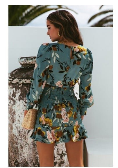 Printed V-Neck Dress with Cross Elastic Waist