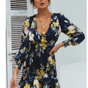 Printed V-Neck Dress with Cross Elastic Waist