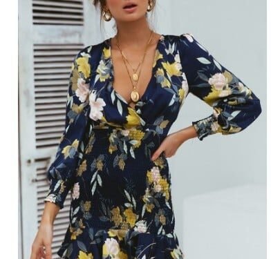 Printed V-Neck Dress with Cross Elastic Waist