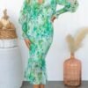 Elastic Waist Long Sleeve V-neck Printed Flounced Skirt Dress