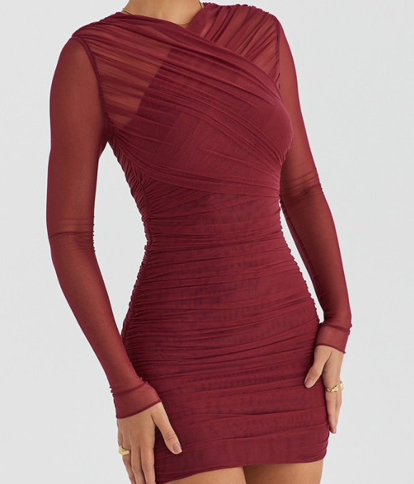 High Waist Pleated Long Sleeve Dress