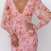 Elastic Waist Long Sleeve V-neck Printed Flounced Skirt Dress