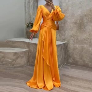 Fitted Waist Pleated Long Sleeve Slimming Dress